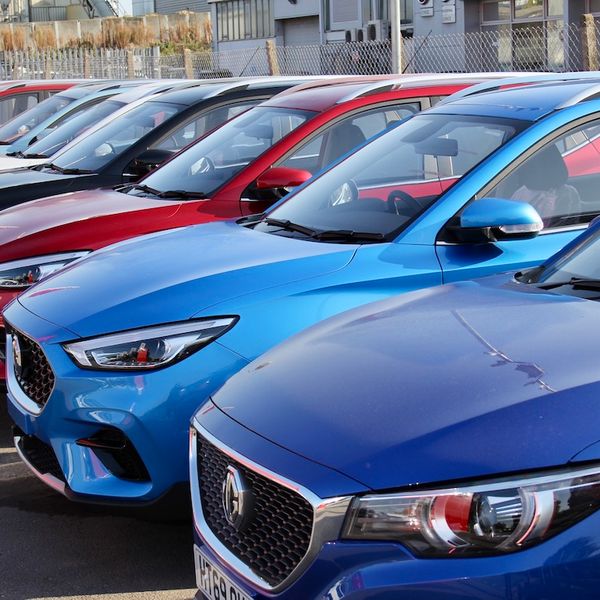 MG ZS cars lined up on a dealer forecourt